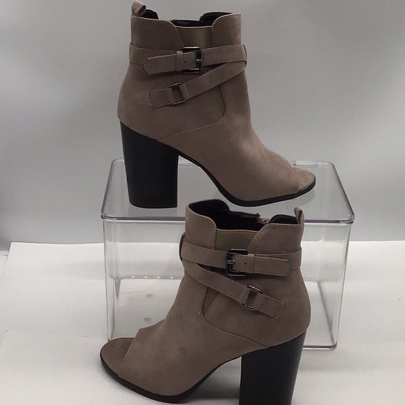 London Rag Taupe Peep Toe Buckle Heeled Ankle Boot - Picture 2 of 10